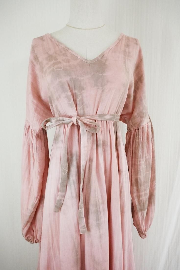 W-gauze Puff sleeve op  Pinkbeige x Greige