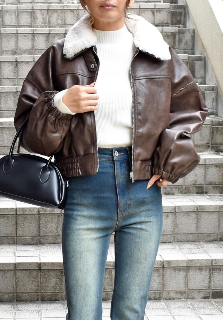 異素材ヴィンテージレザーショートフェイクファージャケット ファーフェイクレザーショートジャケット - FUN OnlineStore