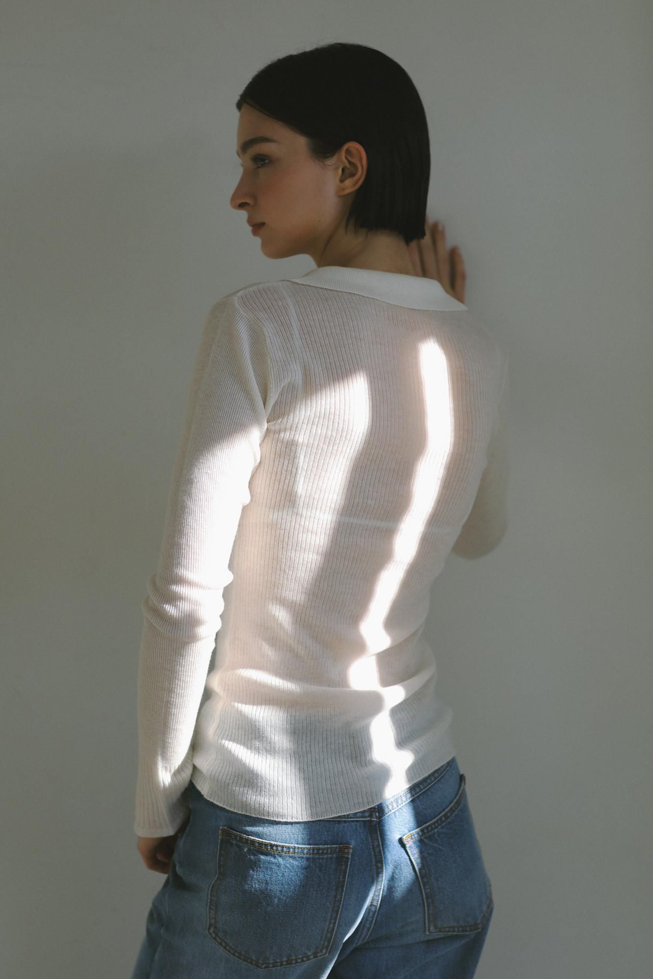 メタリックニットポロトップス（ホワイト）