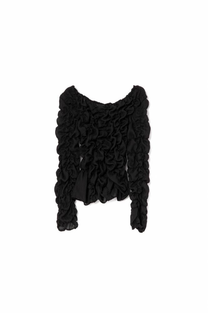 RIELLE riche - Shirring Long Sleeve Tops(Black)