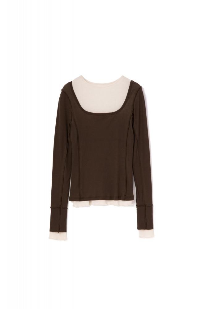 RIELLE riche - Square Neck Layered Tops(Brown/Ivory)