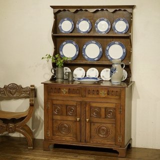 英国アンティーク家具 スリムなドレッサー 皿立て 飾り棚 本棚 食器棚 オーク材無垢 9935