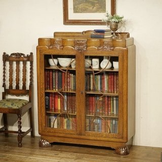 英国イギリスアンティーク家具 ブックケース 書棚本棚 彫刻 ブックシェルフ オーク材 A115W