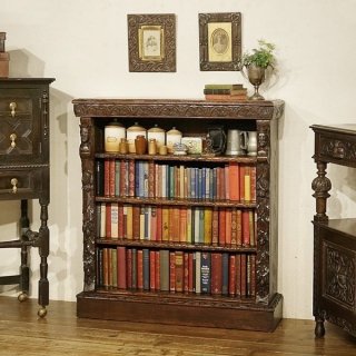 英国アンティーク家具 オープンブックシェルフ ヴィクトリアン 1900年代 書棚 本棚 ブックケース 彫刻 無垢 A206W