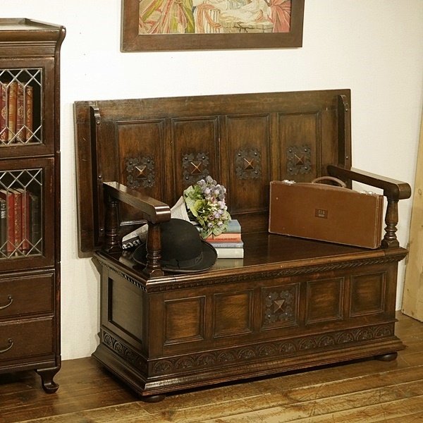 英国イギリスアンティーク家具 モンクスベンチ 1台で3役 収納 テーブル