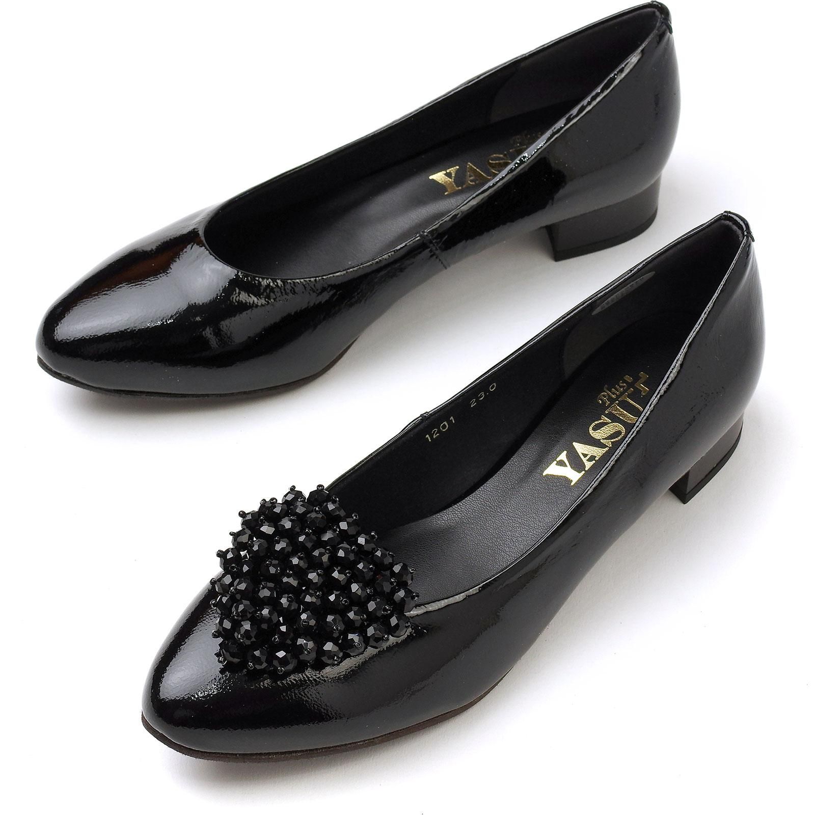 BENESU 黒 レザー バレエシューズスタイル パンプス ヒール約5cm レザーエナメル2.5センチヒールパンプス+ビーズハート型ビジュー