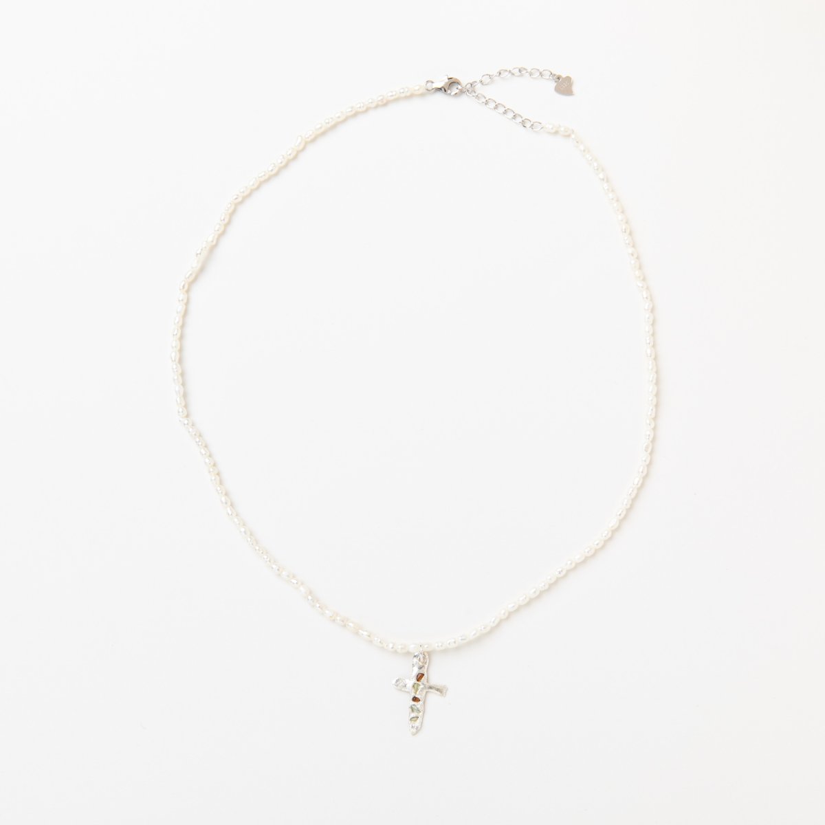 Silver x sea glass cross on mini pearls