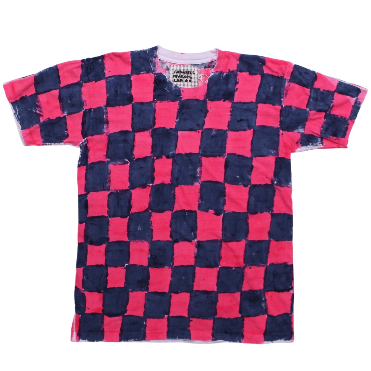 HAND PAINTED T SHIRT【Navy and hot pink checkers】