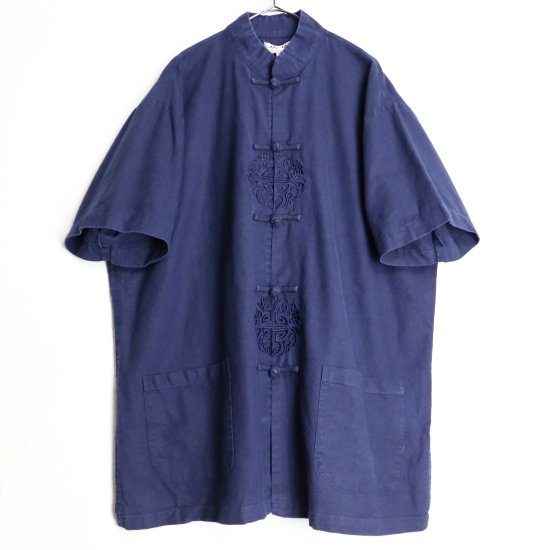 【 SELEN 】dark tone ethnic pattern linen×cotton H/S china shirt