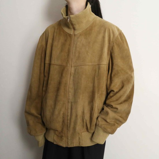 【A.L.S】camel suede leather rib zip jacket