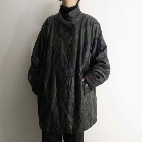 【A.L.S】black×purple×mosgreen switching leather coat