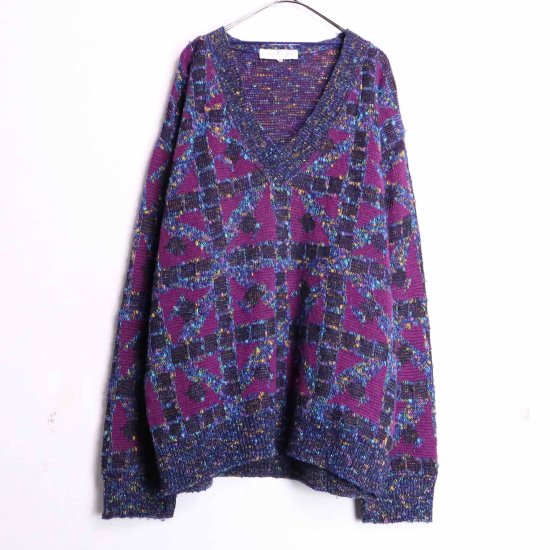 【 SELEN 】colorful nep check pattern V-neck knit