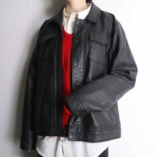 【A.L.S】black color zip-up faux leather jacket