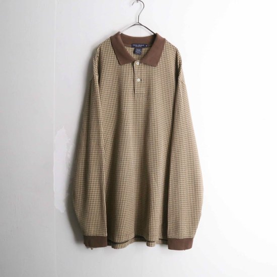【A.L.S】brown color houndstooth pattern L/S polo shirt
