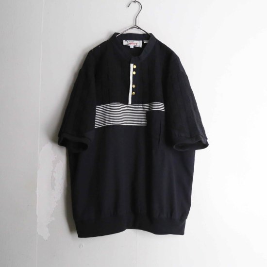 【 SELEN 】mulch gimmick switch pattern S/S black band collar shirt