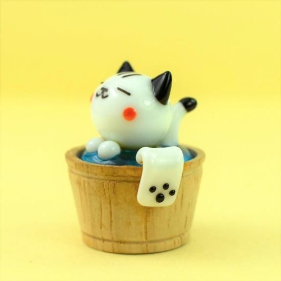 中古品【市松模様の猫／すずめ＆カラス】2点セット☆猫☆福猫☆鬼滅の刃風☆ ガラス細工｜猫｜風呂ネコ｜フォーカートグラスワークス