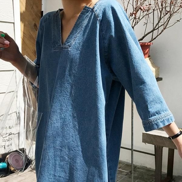 Vネック デニム ロングワンピース 七分袖 マキシ丈 ジーンズ