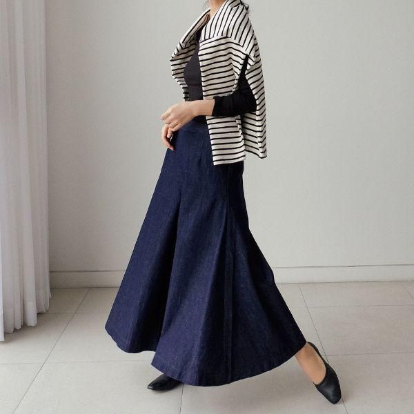 デニム ガウチョ パンツ ロング ワイド ブルー ジーンズ ハイ