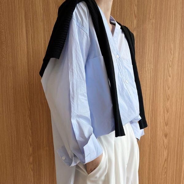 スキッパーシャツ Vネック ノーカラー ダブルポケット ビック