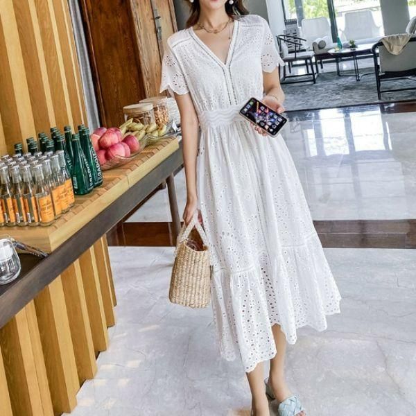 半袖 ステッチレース ドレスワンピース Vネック 大人可愛い Vネックメッシュステッチワンピース ドレス ワンピース ドット柄