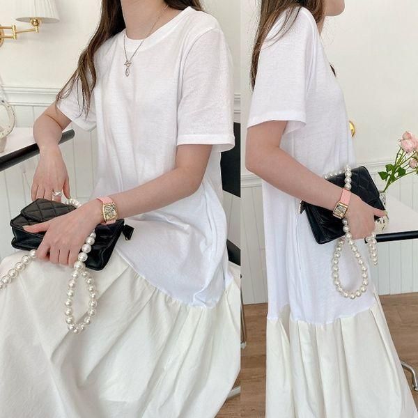 LKD-2105-007 ワンピース 切替 半袖 Tシャツ フレア Aライン ロ ワンピース 切替 半袖 Tシャツ フレア Aライン ロング プリーツ