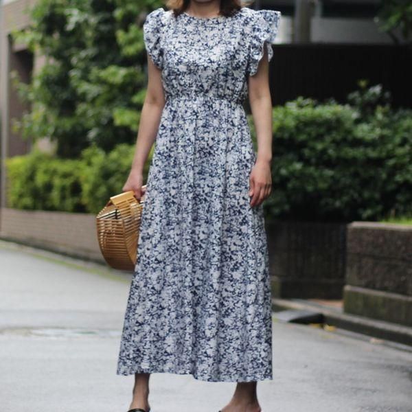 ロングワンピース 花柄 ワンピース フリルスリーブ ノースリーブ