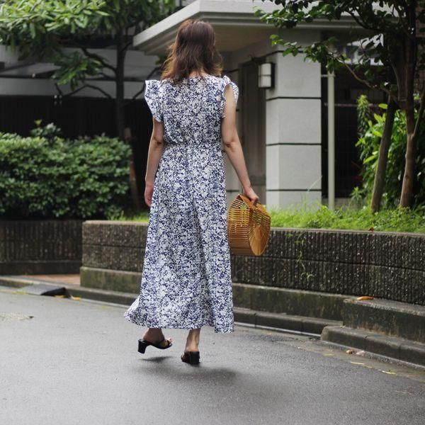 ロングワンピース 花柄 ワンピース フリルスリーブ ノースリーブ
