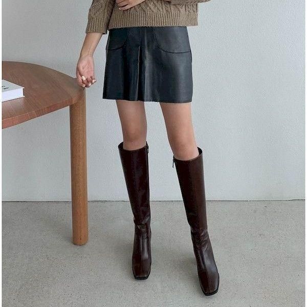 ロングブーツ スクエアヒール サイドジッパー シンプル ヒール ロングブーツ スクエアヒール サイドジッパー シンプル ヒール