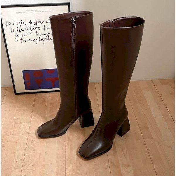 ◆めぐ◆ブラウンレザー ロングブーツ サイドジッパー ショッピングゴー shoppinggo ロングブーツ 裏起毛 ニーハイ