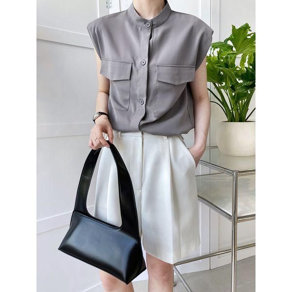 シャツ ノースリーブ スタンドカラー モード ダブルポケット フロント