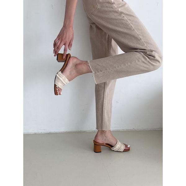 アメリ　フラットミュール サンダル ミュール ラタン フリンジ メッシュ スクエア チャン