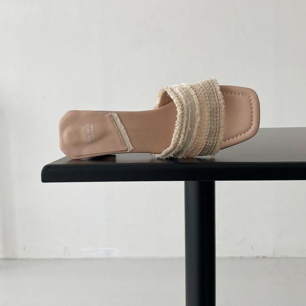 サンダル ミュール ラタン フリンジ メッシュ スクエア チャン