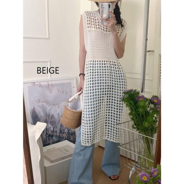 トップス ロング丈 チュニック メッシュ スリット ノースリーブ