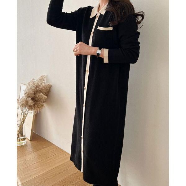 ワンピース 長袖 バイカラー パイピング Iライン シンプル ワンピース 長袖 バイカラー パイピング Iライン シンプル