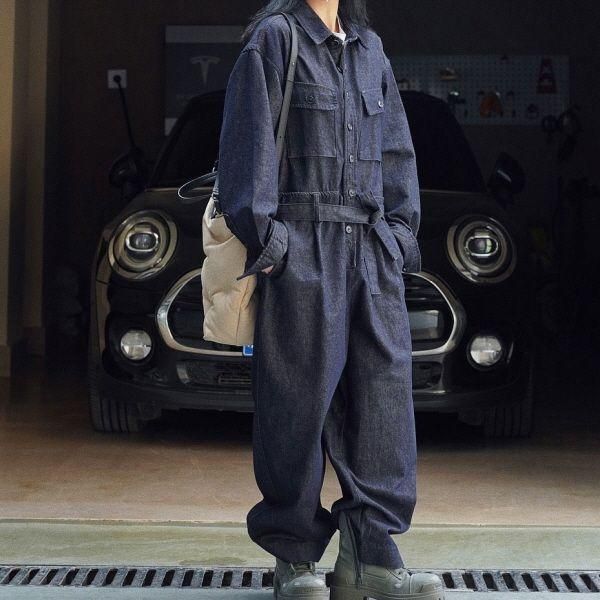 ジャンプスーツ つなぎ ワンピース デニム ウエストリボン ポケット