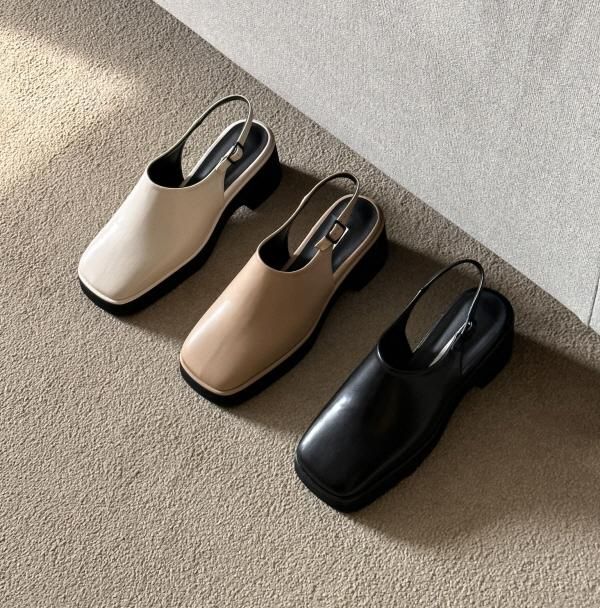 サンダル シンプル スクエアトゥサボ 太めヒール 厚底 バックル