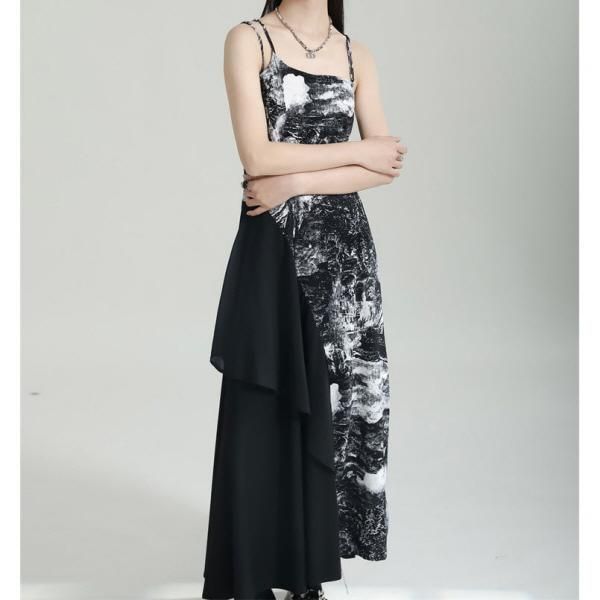 ワンピース ロング キャミソール プリント 柄 アシンメトリー