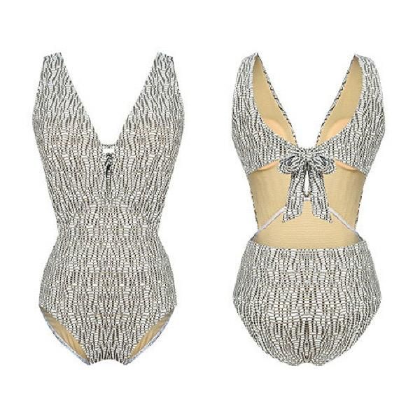 水着 ワンピース セクシー 総柄 深Vカット ウエストカット リボン