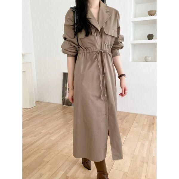 ワンピース 長袖 シャツ ウエストリボン ミリタリー ポケット