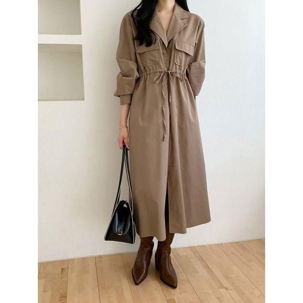 モラビト　ロングワンピース　シャツワンピース　ウエストリボン　メタル装飾　M ワンピース 長袖 シャツ ウエストリボン ミリタリー ポケット