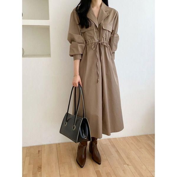 ワンピース 長袖 シャツ ウエストリボン ミリタリー ポケット