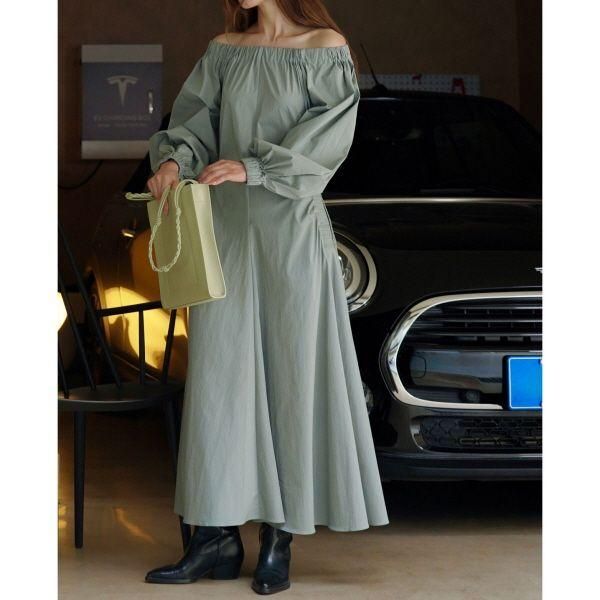 ワンピース ロング 長袖 Aライン フレア パフスリーブ オフ
