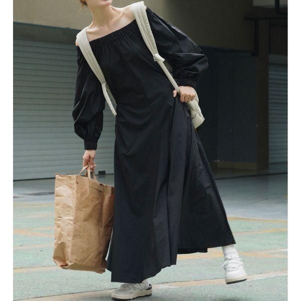 パフスリーブ Aライン フレア ロングワンピース ネイビー S〜XL スクエアネック パフスリーブ ロング ワンピース レディース