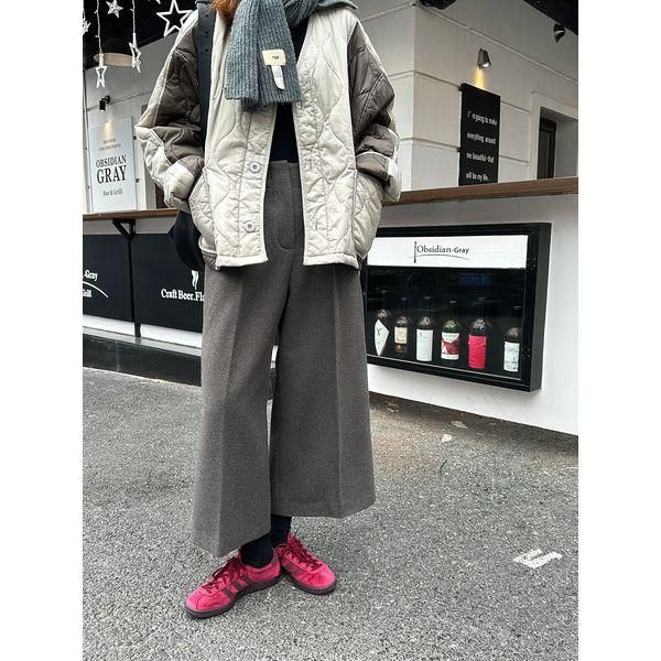 パンツ 8分丈 ワイドレッグパンツ タック センタープレス 冬