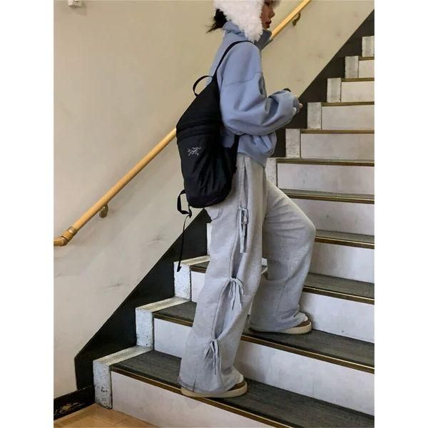 スウェットパンツ サイドリボン 裏起毛 ストレート ワイドパンツ