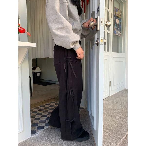 スウェットパンツ サイドリボン 裏起毛 ストレート ワイドパンツ