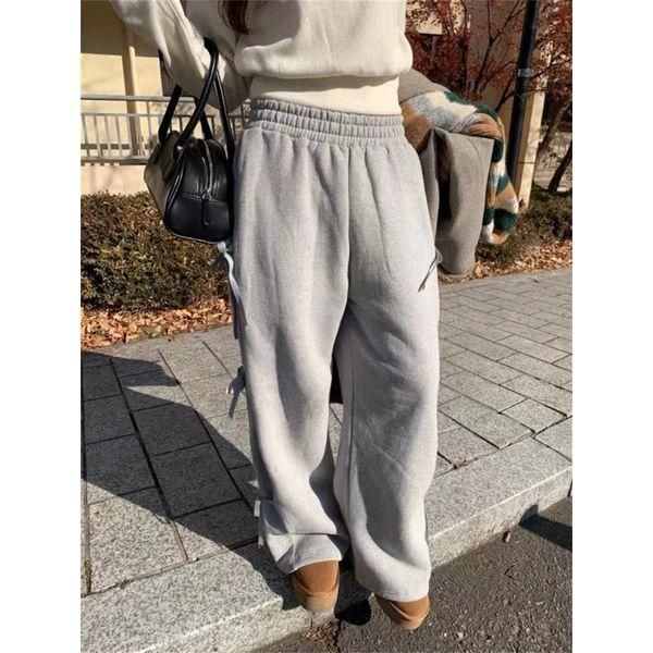 スウェットパンツ サイドリボン 裏起毛 ストレート ワイドパンツ