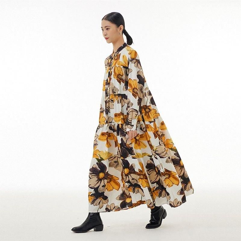 ワンピース ティアード ロング イエロー コスモス柄 秋桜 レトロ ワンピース ティアード ロング イエロー コスモス柄 秋桜 レトロ