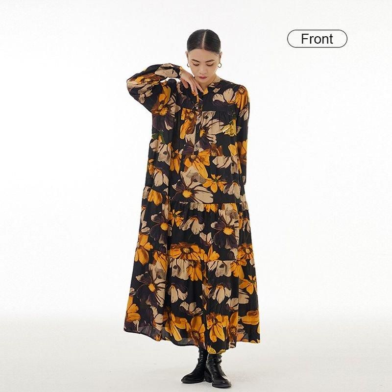 ワンピース ティアード ロング イエロー コスモス柄 秋桜 レトロ ワンピース ティアード ロング イエロー コスモス柄 秋桜 レトロ