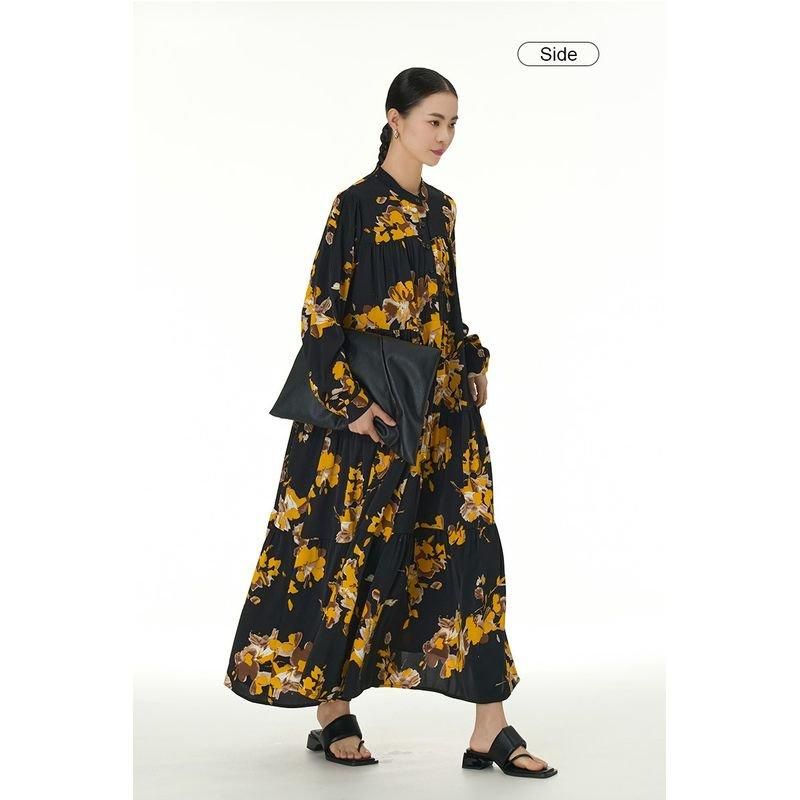 入荷中 ロング ティアード ワンピース 黄色 花柄 シック 大花柄 ワンピース